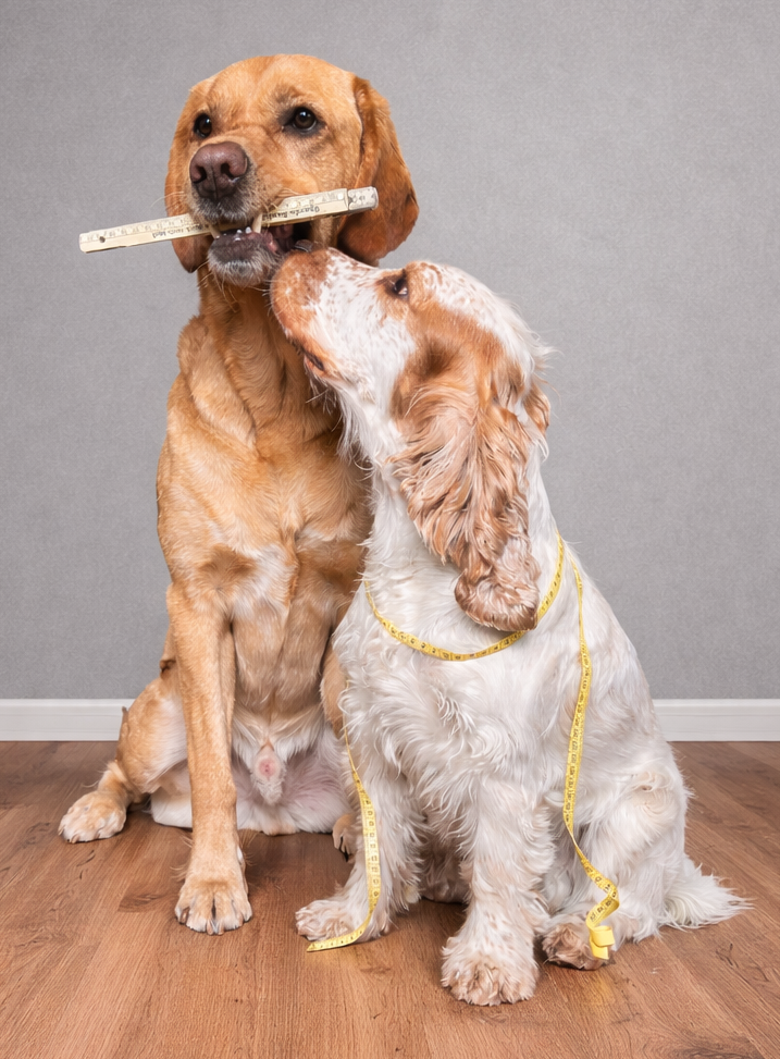 Fiete und Muffin Messanleitung Beitragsbild Ein Labrador mit einem Zollstock im Maul und ein Englischer Cocker Spaniel mit einem Maßband um den Hals